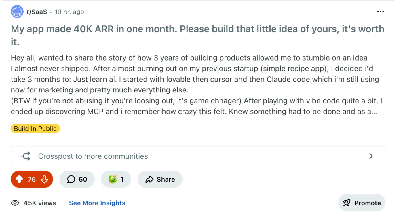 Reddit post: $40K ARR in one month