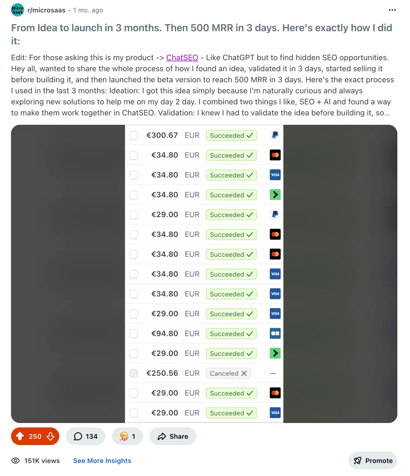 Reddit post: from idea to launch in 3 months, then $500 MRR