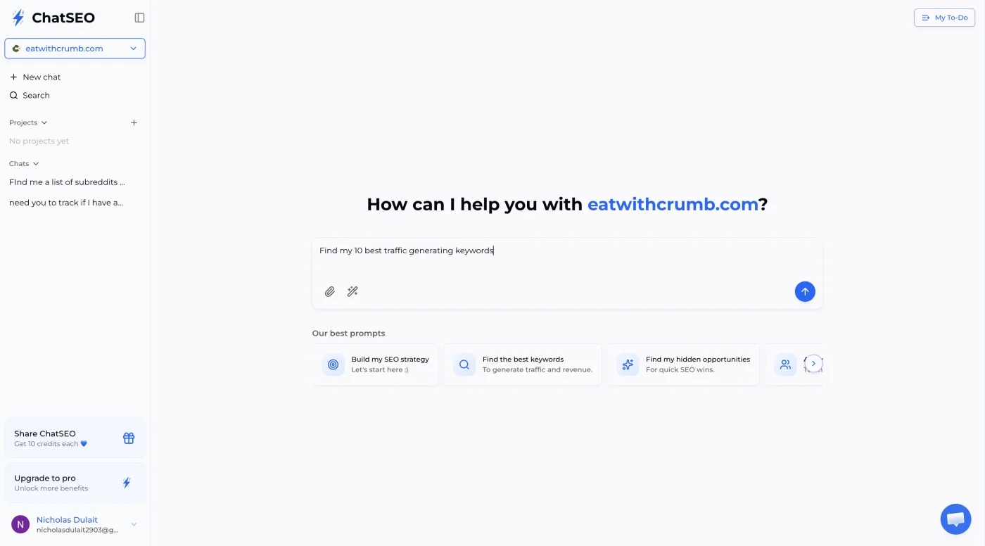 ChatSEO listing the 10 best traffic generating keywords from Search Console