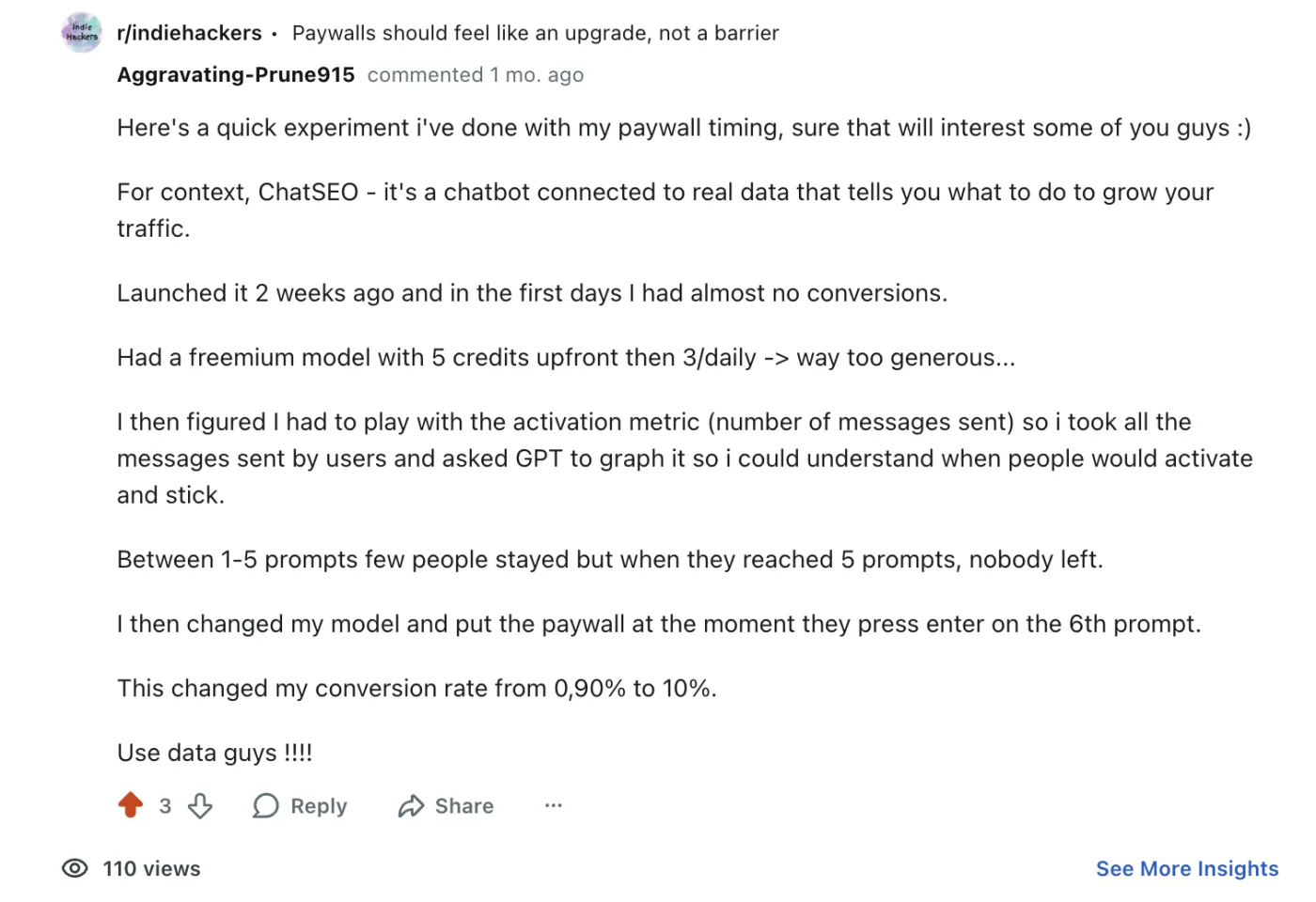 Example of a value comment on Reddit