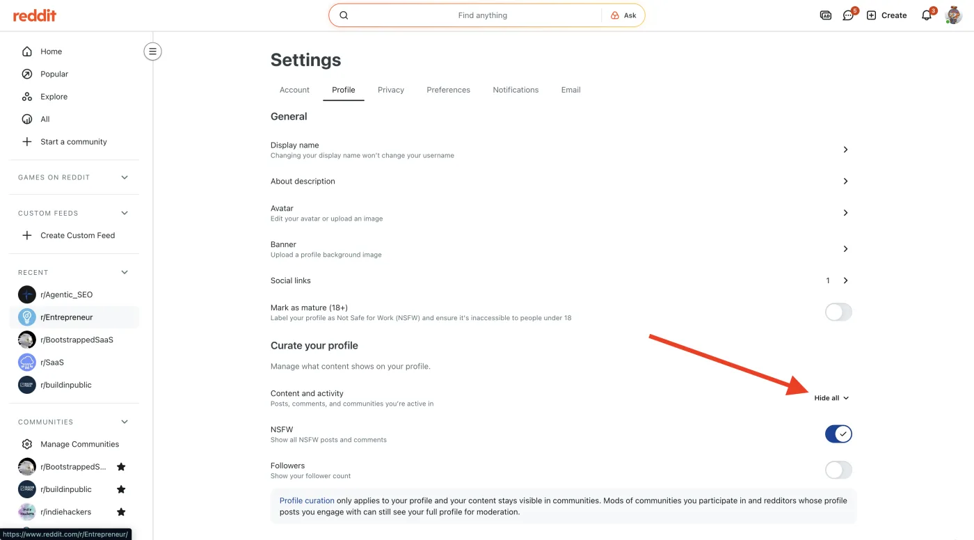 Reddit profile: hide all content and activity