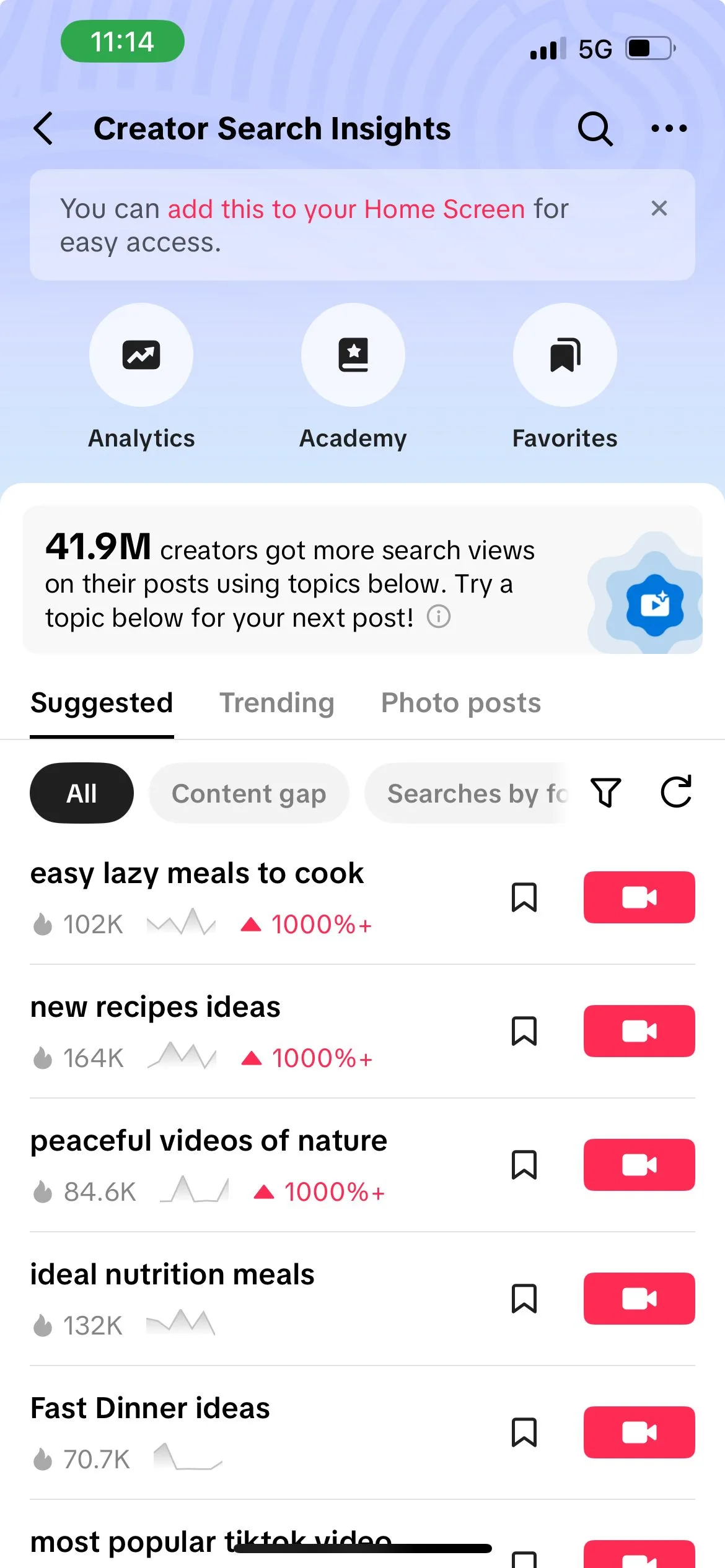Creator Search Insights keyword list