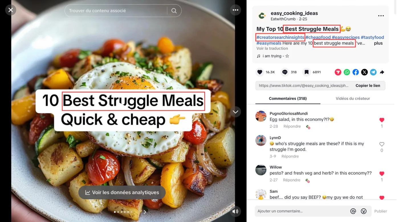 Keyword placement in a TikTok carousel