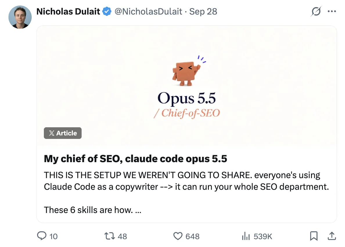 My chief of SEO, claude code opus 5.5: 539K views