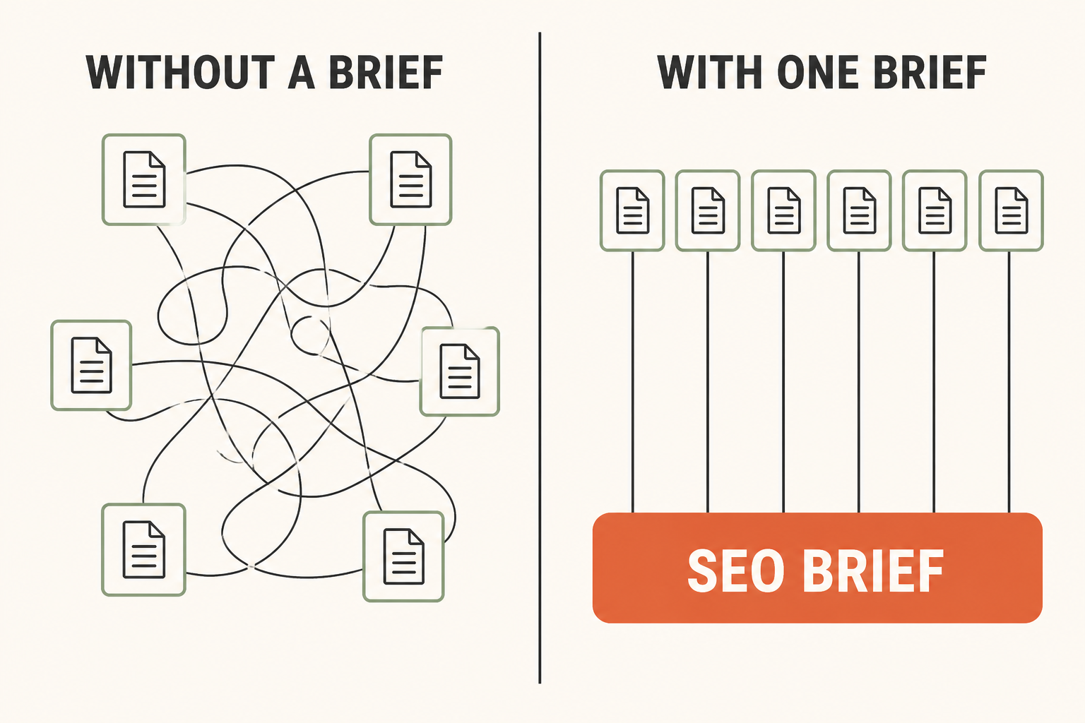 Comparison: without a brief, six disconnected scattered documents with tangled lines. With one brief, six aligned documents all feeding from a single SEO Brief block.