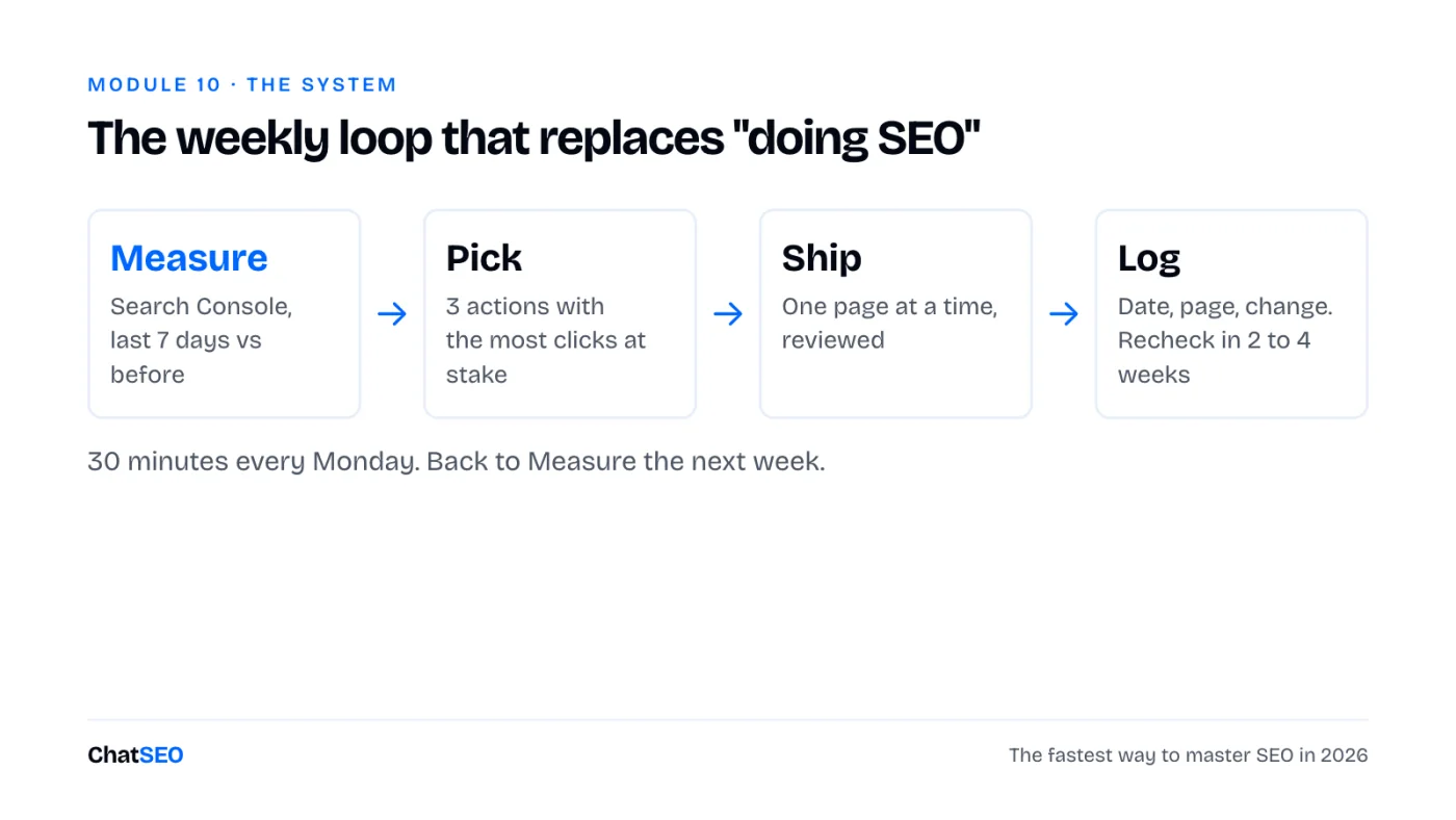 The weekly loop: measure in Search Console, pick 3 actions with the most clicks at stake, ship one page at a time after review, log the date, page and change, then measure again the next week.