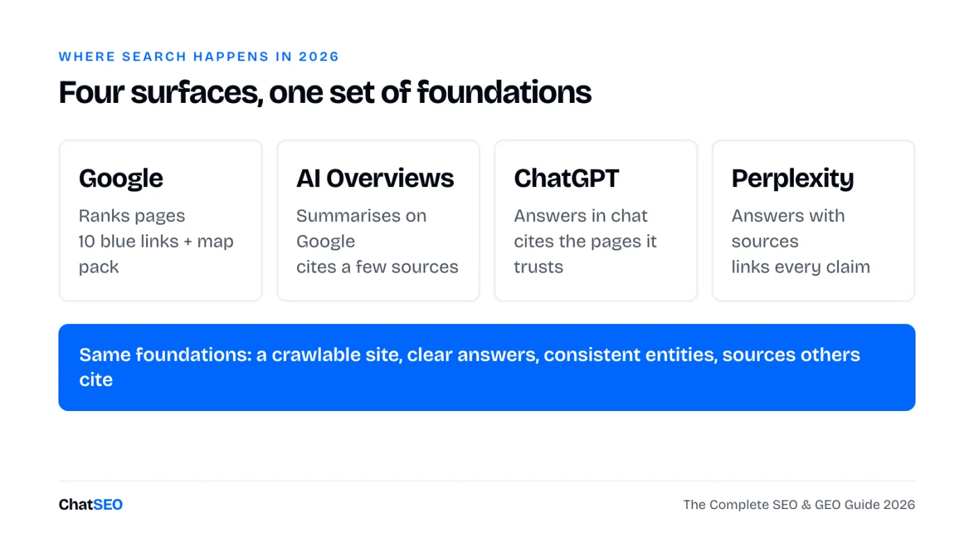 Four search surfaces in 2026: Google, AI Overviews, ChatGPT and Perplexity, built on the same foundations