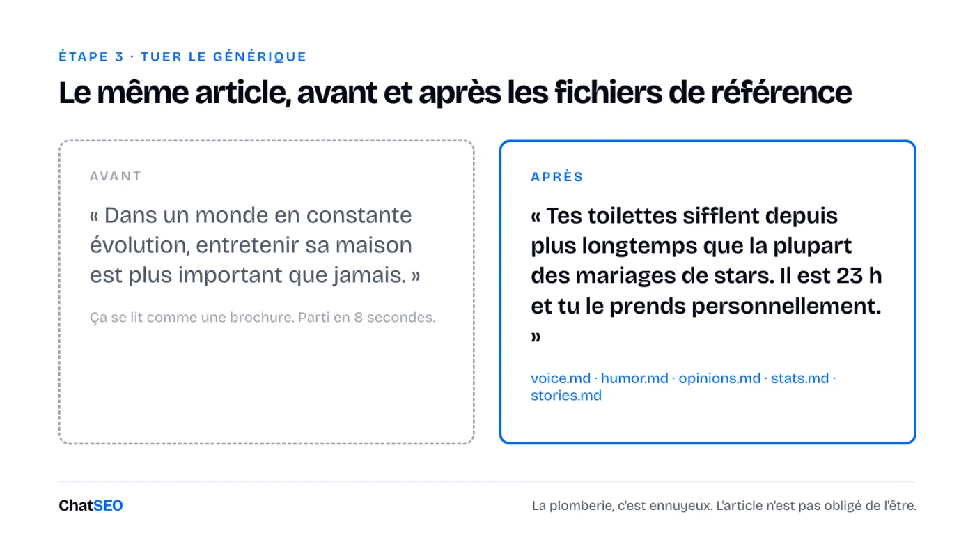 Avant : une phrase de brochure générique. Après : une phrase avec de la voix et de l'humour.