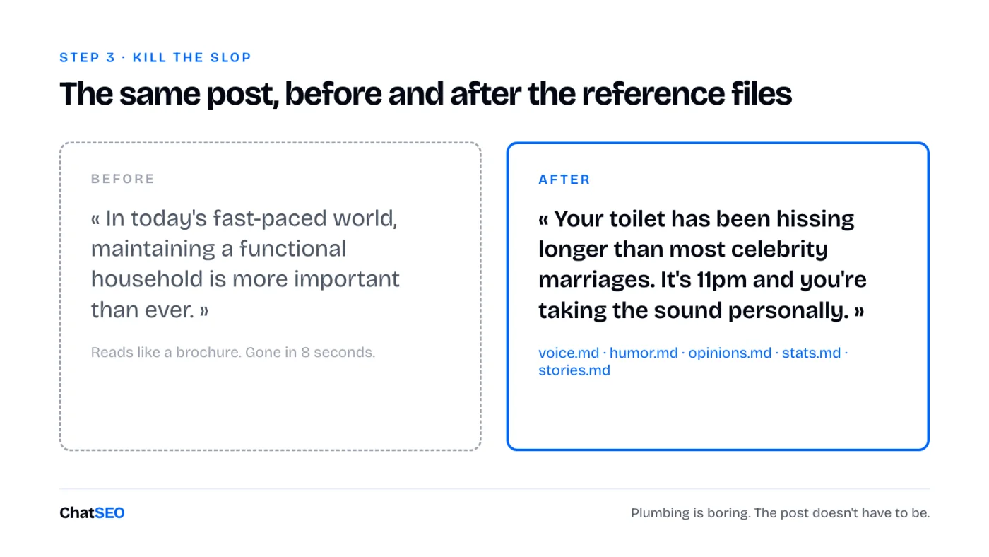 Before: 'In today's fast-paced world, maintaining a functional household is more important than ever.' After: 'Your toilet has been hissing longer than most celebrity marriages. It's 11pm and you're taking the sound personally.'