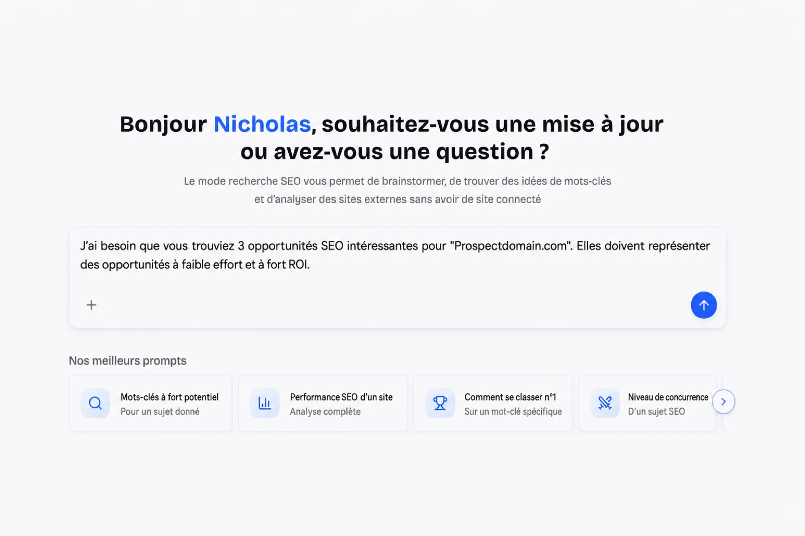 ChatSEO en mode recherche SEO avec le prompt saisi : trouver 3 opportunités SEO pour un domaine prospect.