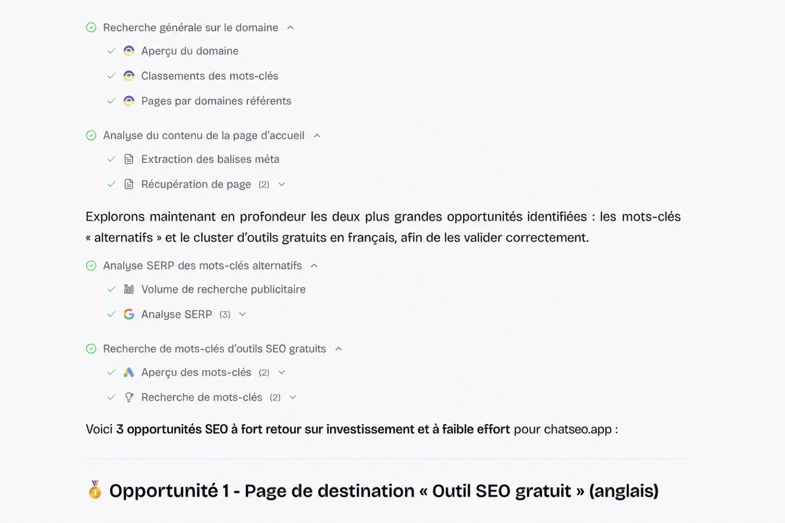 ChatSEO qui lance l'aperçu du domaine, les positions, les domaines référents, l'extraction des balises, l'analyse SERP et la recherche de mots-clés, puis renvoie trois opportunités à fort ROI.