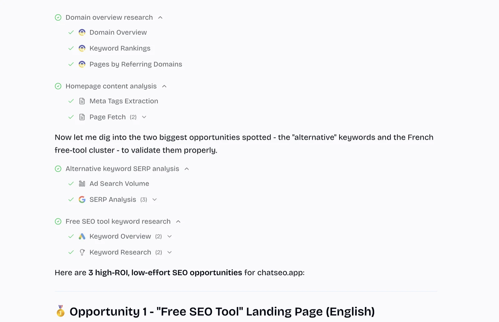 ChatSEO running domain overview, keyword rankings, referring domains, meta tag extraction, SERP analysis and keyword research, then returning three high-ROI low-effort opportunities.